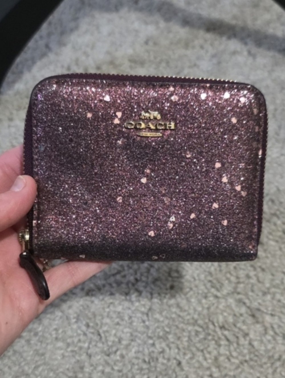 Coach Glitter Sequin Heart Zip Around Small Bifold Wallet Coin Raspberry